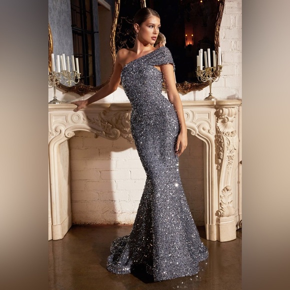 Silver one shoulder mermaid dress - Picture 1 of 7